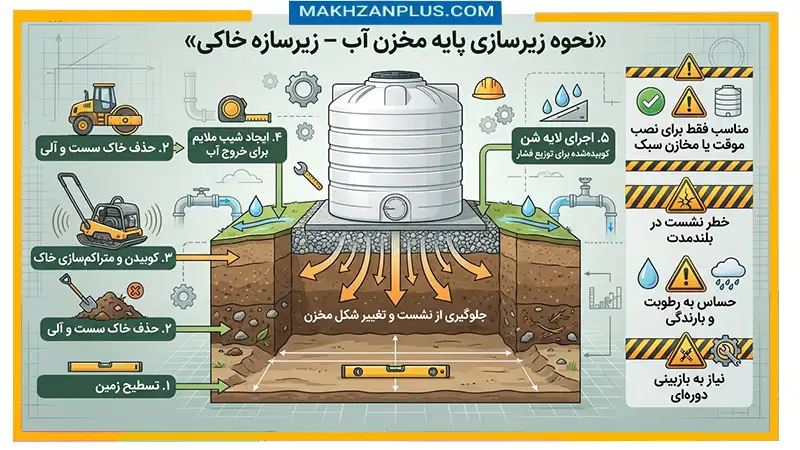 اثر نوع پایه زیر مخزن بر عمر آن (بتنی،موزاییک،پروفیل،خاک) 5 پایه خاکی مخزن آب