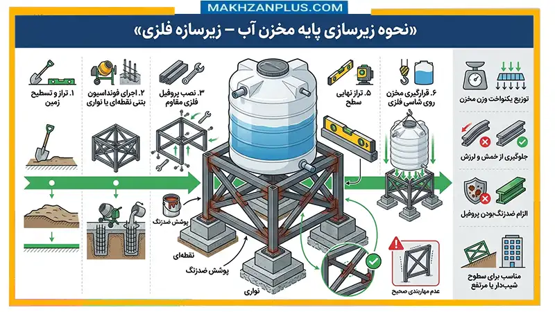اثر نوع پایه زیر مخزن بر عمر آن (بتنی،موزاییک،پروفیل،خاک) 4 پایه فلزی مخزن آب