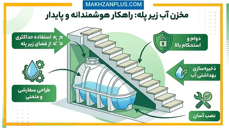 راهنمای خرید مخزن آب زیر پله پلیاتیلن | ابعاد، ظرفیت و قیمت 2 مخزن آب زیرپله ای